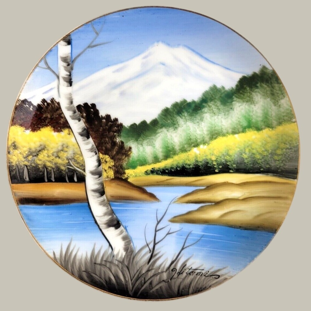 Hand Painted Plate Japanese Landscape Mountain Vintage Collector Wall Art